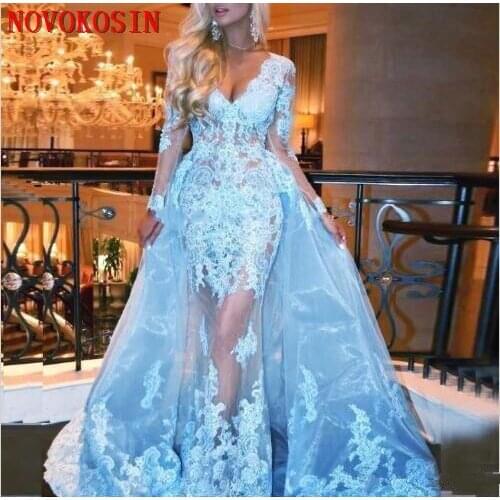 2020 Sky Blue With Overskirt Organza Prom Dresses Long Sleeves Lace Applique Beads Illusion Party Plus Size Formal Evening Gown