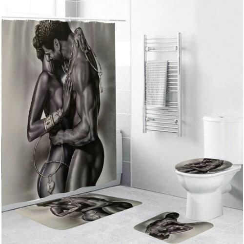 African Shower Curtain Afro Couple Hugging Lover Bathroom Curtains Set Toilet Cover Mat Non-Slip Bath Rug Carpet Sets
