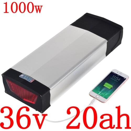 36V 500W 1000W Rear Rack Battery 36V 20AH Electric Bicycle Battery 36v 20ah lithium battery with USB port +2A charger duty free
