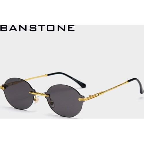 BANSTONE women framelesss oval sunglasses retro style green blue mirror rimless small glasses for men colorful uv400