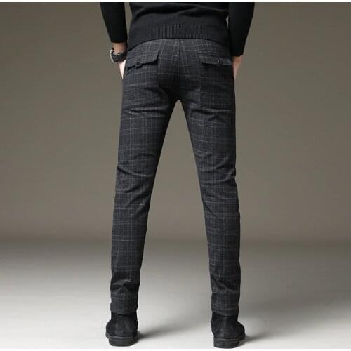 2020 Stretch Plaid Casual Pants Men Autumn Spring High Quality Business Plaid Trousers Mens Straight Warm Trousers Pant