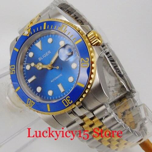BLIGER Blue Gold Coated Automatic Male Watch NH35 Movement Sapphire Crystal Jubilee Band Screw Down Crown