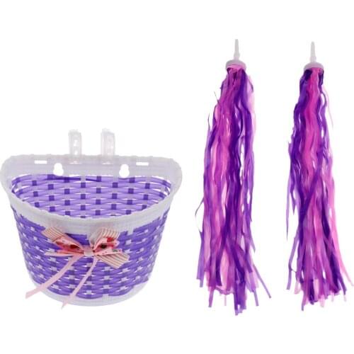 Children Kids Front Basket+Handlebar Grip Tassels Streamers Purple