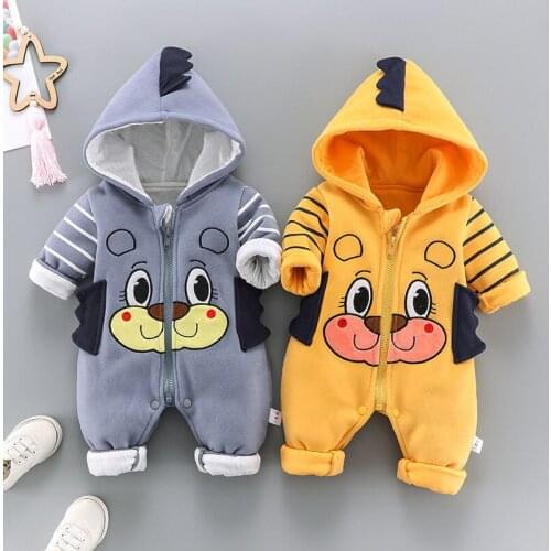 Cartoon Infant Childrens Thick Hooded Romper Newborn Baby Warm Outing Clothes Long Sleeve Zipper Open File Jumpsuit