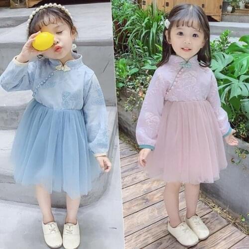 DFXD 1-7Yrs Spring Full Sleeve Dress For Girls Chinese Style Ball Gown Outfits Baby Kids Lace Yarn Princess Dress Kids Clothes