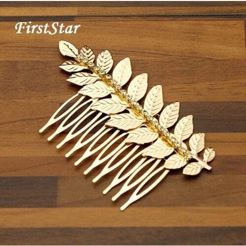 FirstStar Vintage Metal Rhinestone Hair Comb Clip Gold Olive Leaf Wedding Combs Bridesmaid Headdress For Women Headpiece Jewelry