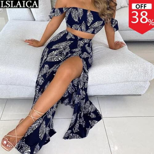 2 Peice Set Women Summer Leaf Print Slash Neck Off Shoulder Skirt And Top Set Lady Split Fashion Clothes Women Sexy Party Roupas
