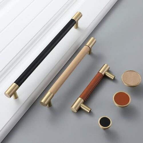Cow Leather+brass natural Handles Drawer Cabinet Knobs Kitchen Door Handle Cupboard Wardrobe Pull Handles Furniture Fittings