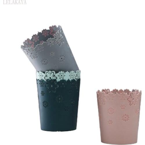 1pc Flower Lace Waste Bin Household Large Capacity Sundries Storage Bucket Office Desktop Pen Holder Trash Can Makeup Brush Case