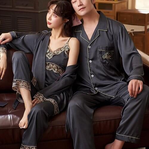 Summer Couple Pajamas Men Long Sleeve Pants 2Pcs Women Robe Sling Pants 3Pcs Ice Silk Female Pajamas Set Home Service Suit