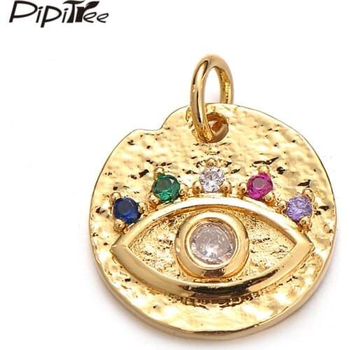 Pipitree Fashion Retro Style Copper Round Pendant Charm DIY Cubic Zirconia Evil Eye Charms Jewelry Accessories Nickle Free