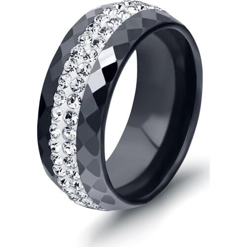 New Arrival Ceramic Ring Multi-faceted Black White Color With 2 Row Rhinestone For Women Exquisite Fashion Jewelry Wedding Gifts