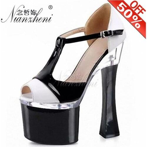 Patent leather Sexy Spool heels Thick platform Peep toe Hollow Big Size Womens sandals 18cm High heeled shoes 7 inches Nightclub