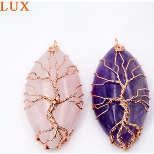 Gem stone tree of life wire wrapped pendant rose gold color plated midwife gift marquise shape pendant amethysts rose quartzs