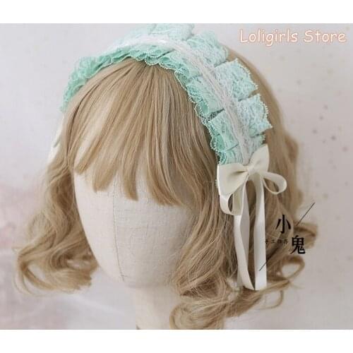 KC Light Green Lolita Kawaii Hairband Children Sweet Japanese Small Fresh Mint Green Lace Bowknot Princess Headdress Cosplay