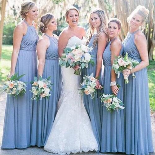 Dusty Blue Chiffon Chiffon Bridesmaids Dress New O-Neck Halter Pleats Ruched Formal Maid Of Honor Dress Vestido De Novia Custom