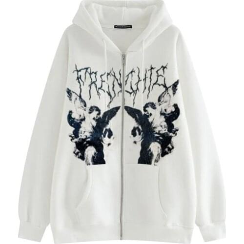 Hoodie Angel Fairy Grunge print White cool Jacket Coat Women hip-hop streetwear Harajuku Anime hoodies coat zipper punk girl Top