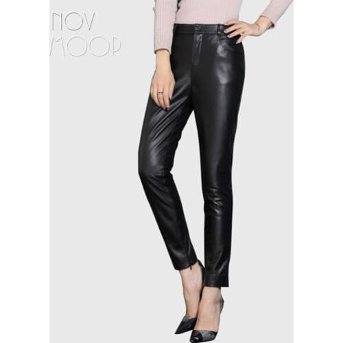Novmoop genuine leather sheepskin women pants neat cut asymmetrical leg opening with zipper decor elegant designer style LT3428