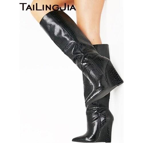 2020 Womens Crocodile Pattern Boot Wedge Heel Knee High Boots Ladies Elegant High Heel Black Long Boots with Zipper Large Size