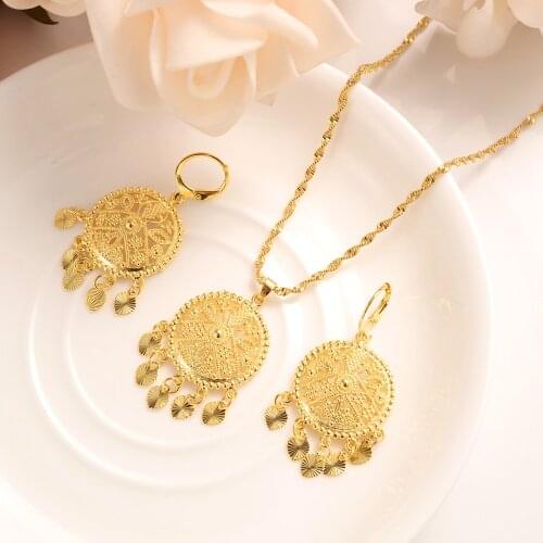 Gold Dubai india Vintage African tassel Jewelry Sets for Women Fashion Round Charms Necklace Earrings Wedding Jewelry Sets Gift