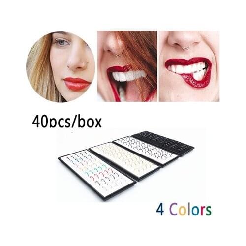 40pcs/box Approx 8x0.5mm Colorful Stainless Steel Nose Hoop Nose Ring Stud Body Piercing Jewelry Punk Style