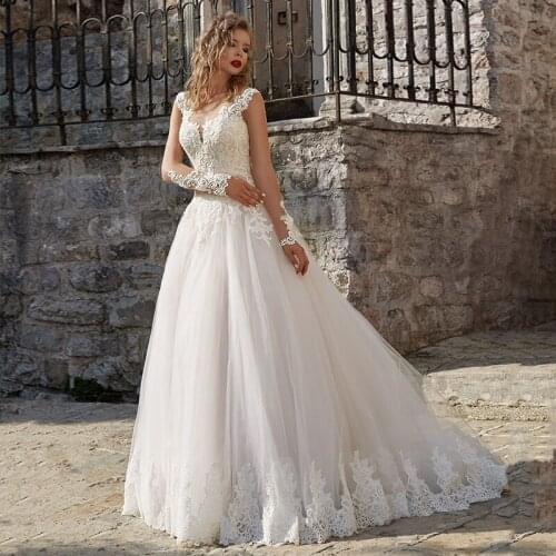 A-Line Princess Wedding Dresses 2021 Elegant Long Sleeve Court Train Bridal Dress Appliques Lace Wedding Gown Vestidos De Noiva