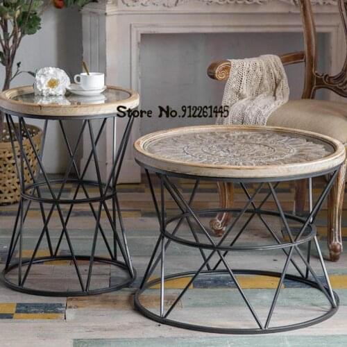 American Country Living Room Sofa Corner Carved Wood Small Tea Table Retro Iron Balcony Small Round Table