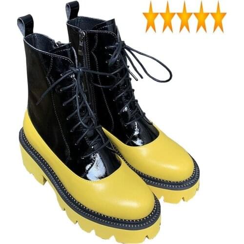 Women Thick Platform High Winter Top Shoes Lace Up Colors Panelled Genuine Leather Ankle Patchwork Biker Motorcycle Boots