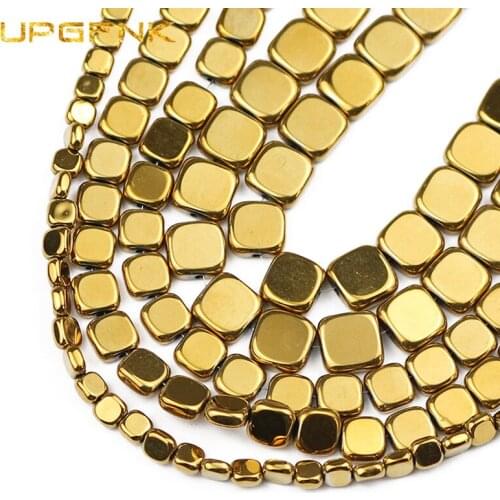 UPGFNK Gold Hematite Natural Stone 4/6/8mm Flat Square Spacer Loose Beads For Jewelry Making Diy Handmade Bracelet Accessories