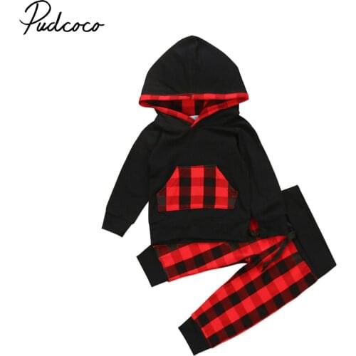 Citgeett Toddler Kids Baby Girl Boy Clothes Hoodies Tops T shirt + Long Plaid Red Pants Outfits Casual Hooded Set 0-24M