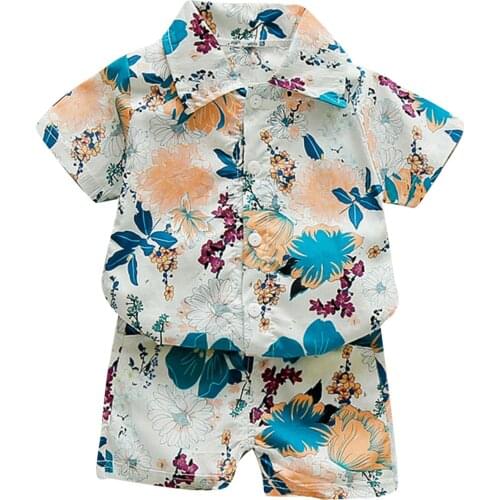 Kids Baby Boy Clothes Boho Summer Sunflower Print Button Down Shirt+shorts Beach Outfits Set Child Boy Beach Wear Outfits 618