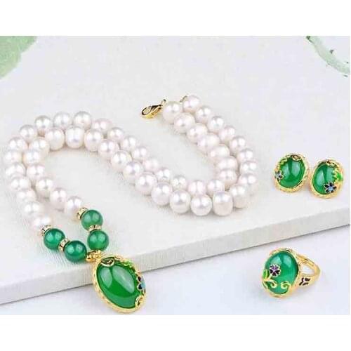 Designer Freshwater Pearl Necklace with green jade Ring Ear Nails Three-piece Set for Mothers Elderly Birthday Gift