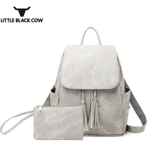 Denim Suface Vintage Matte PU Leather Backpack Female Tassel Bagpack Women School Bag Set Notebook Book Bag Cute Waterproof