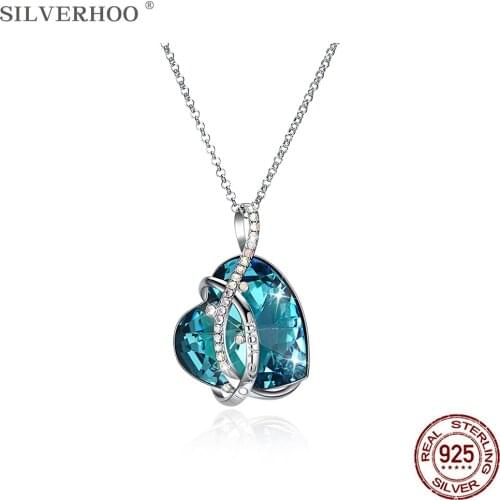 SILVERHOO Real 925 Sterling Silver Irregular Line Heart Necklaces Pendant For Women Blue Austria Crystal Necklace Jewelry Gift