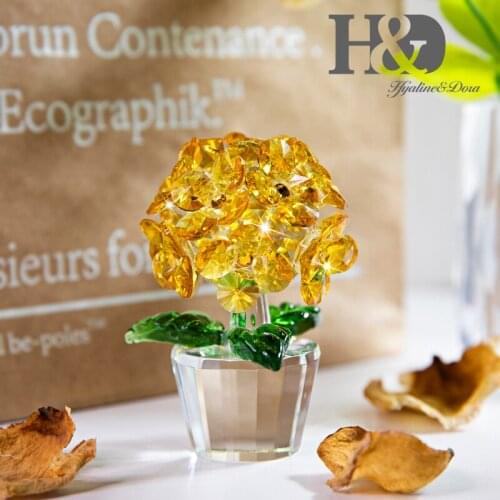 H&D Crystal Hydrangea Flower Figurine Collectible Wedding Souvenir Birthday Gift for Lady Ornament Table Home Decor Yellow