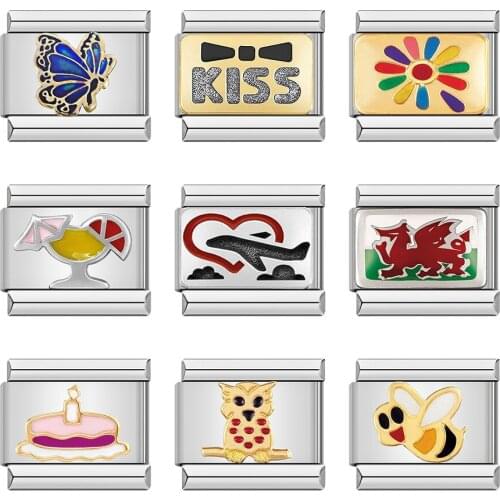 Hapiship 2021 Fashion Butterfly Cake Kiss Owl Bees Dinosaur Italian Charm Fit 9mm Bracelet Stainless Steel Jewelry Making DJ191