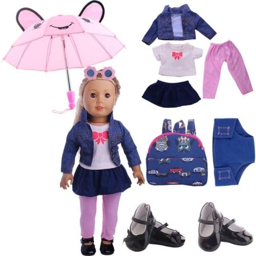 Doll Clothes1Set=Umbrella+4Pcs Jeans Suits+Shoes+Bag+Panties For 18 Inch American&43CM Reborn New Born Baby Doll Girl`s Toy Gift