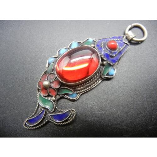 Exquisite Chinese collect Tibetan silver Cloisonne flower inlaid with artificial zircon fish pendant