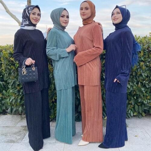 Muslim Abaya Pleated Arabic Kaftan Women Islamic Sets Tops Pants Hijab Outfits Middle East Turkey Ramadan Eid Dubai Loose Casual