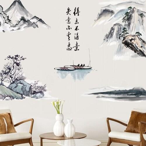 Traditional Chinese Culture Wall Stickers Classic Oriental Element Lotus Mountains Rivers Flowers Wall Mural Poster Wallpaper