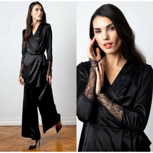 Women 2020 New Sexy Long Silk Kimono Dressing Gown Bath Robe Bridal Pants Suit Babydoll Lingerie Nightdress Lace Two Pieces