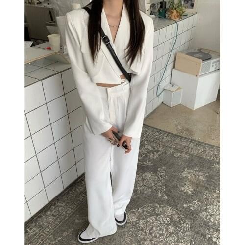 Office Lady Blazer Suits Korean Style Two Piece Set Women Long Sleeve Lace-up Blazer + High Waist Wide Leg Pant 2 Piece Outfits