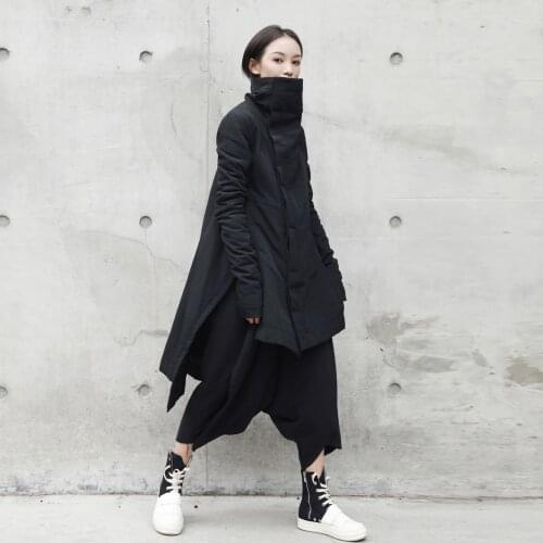 Womens Stand Collar Irregular Mid Long Cotton-padded Coat Black Winter Parka Thick Outwear for Female C29
