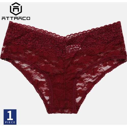 ATTRACO Womens Panties Underwear 1 PCS Lace String Tanga Thong Solid Bikini Hipster Lingerie Briefs Sexy Red