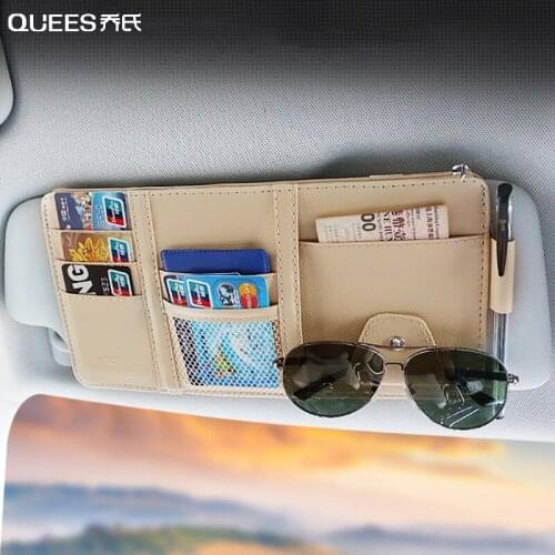 QUEES Car Sun Visor Storage Bag Hanging Multifunctional Business Card Holder Glasses Frame Zipper Leather Car Accessories