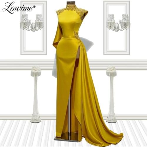 Luxury Beading Evening Dresses Yellow Formal Party Gowns Robes Dubai Design Plus Size Customized Middle East Women Evening Wear