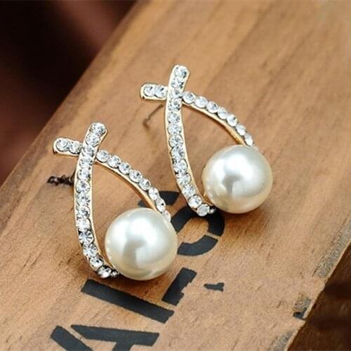 Fashion Popular Cross Shaped Rhinestone Earrings Wild Pearl Crystal Stud Earrings For Women Girls Wedding Party Jewelry Gift