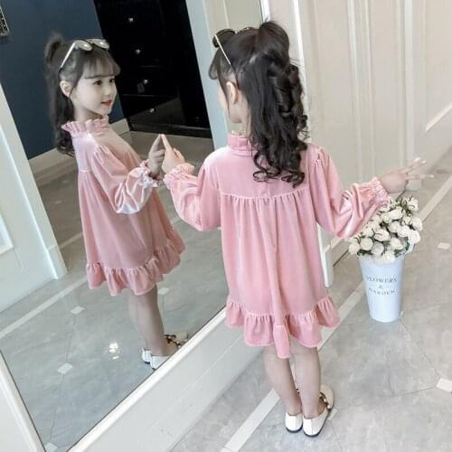 Foreign Trade Girls Golden Velvet Princess Dress Spring Autumn New Kids Long Sleeve Ruffles Dresses Childrens One Piece B203