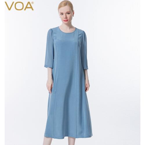 VOA Silk 30m/m Bamboo Moon Blue O-Neck Perspective Seven-point Sleeve Splicing Asymmetric Simple Dress Summer AE963
