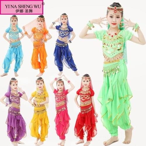 8 colors Belly Dance Costumes Kids New Style Child Belly Dancing Girls Bollywood Indian Performance Clothes Top Skirt 7pcs/set